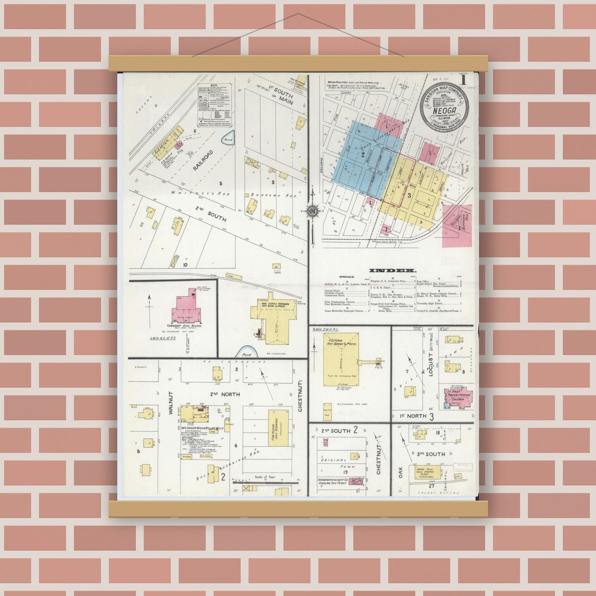 Old map wall art mockup — magnetic wood frame on brick wall — Sanborn Fire Insurance Map from Neoga, Cumberland County, Illinois (1910) - Complete Map Set