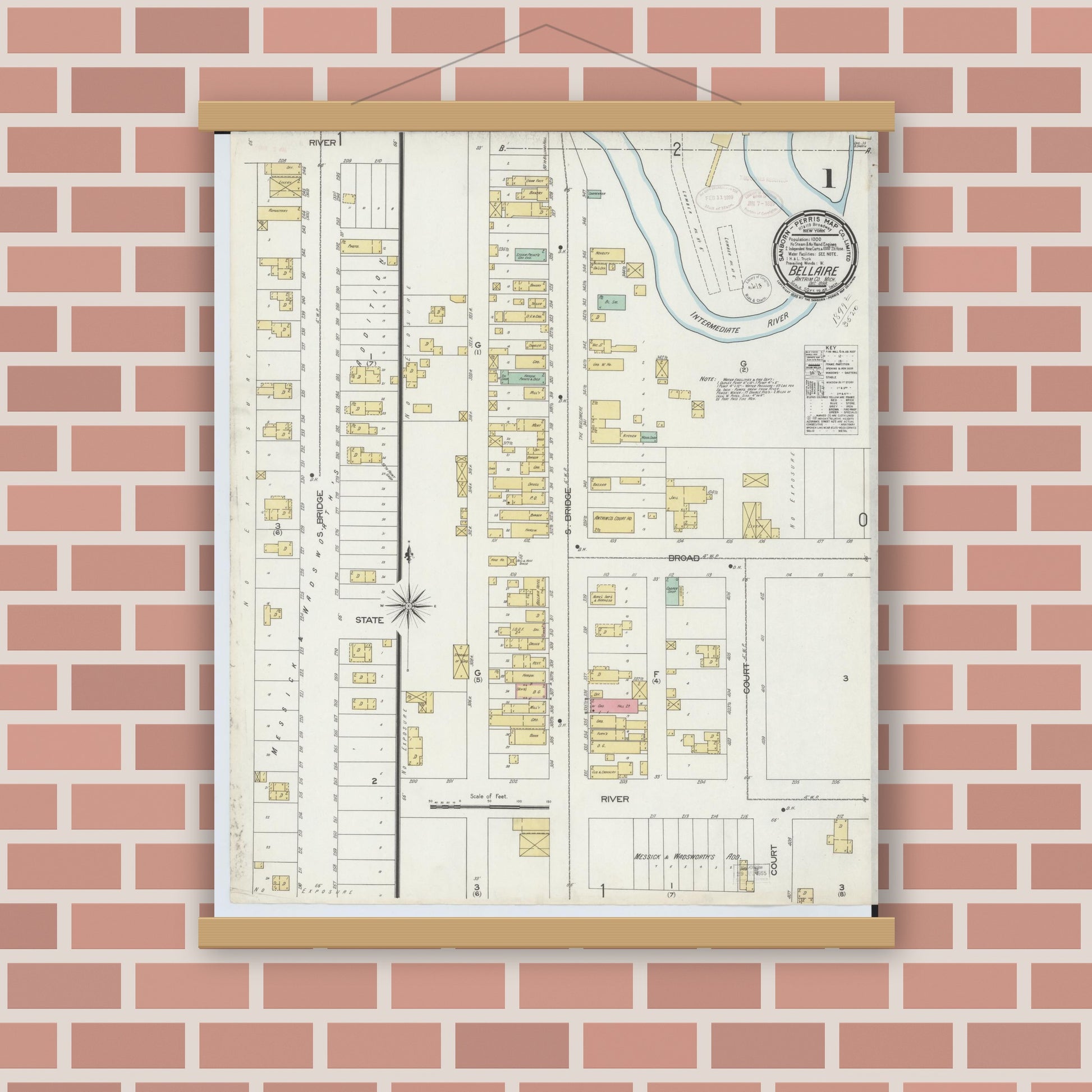 Old map wall art mockup — magnetic wood frame on brick wall — Sanborn Fire Insurance Map from Bellaire, Antrim County, Michigan (1898), Sheet #0001
