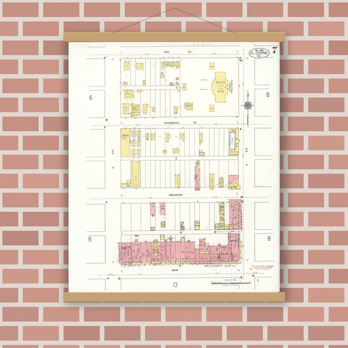 Old map wall art mockup — magnetic wood frame on brick wall — Sanborn Fire Insurance Map from El Centro, Imperial County, California (1922), Sheet #0007