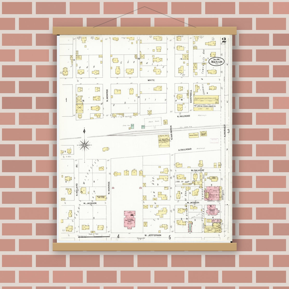 Old map wall art mockup — magnetic wood frame on brick wall — Sanborn Fire Insurance Map from Marion, Williamson County, Illinois (1906), Sheet #0002