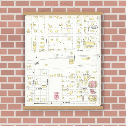 Old map wall art mockup — magnetic wood frame on brick wall — Sanborn Fire Insurance Map from Marion, Williamson County, Illinois (1906), Sheet #0002