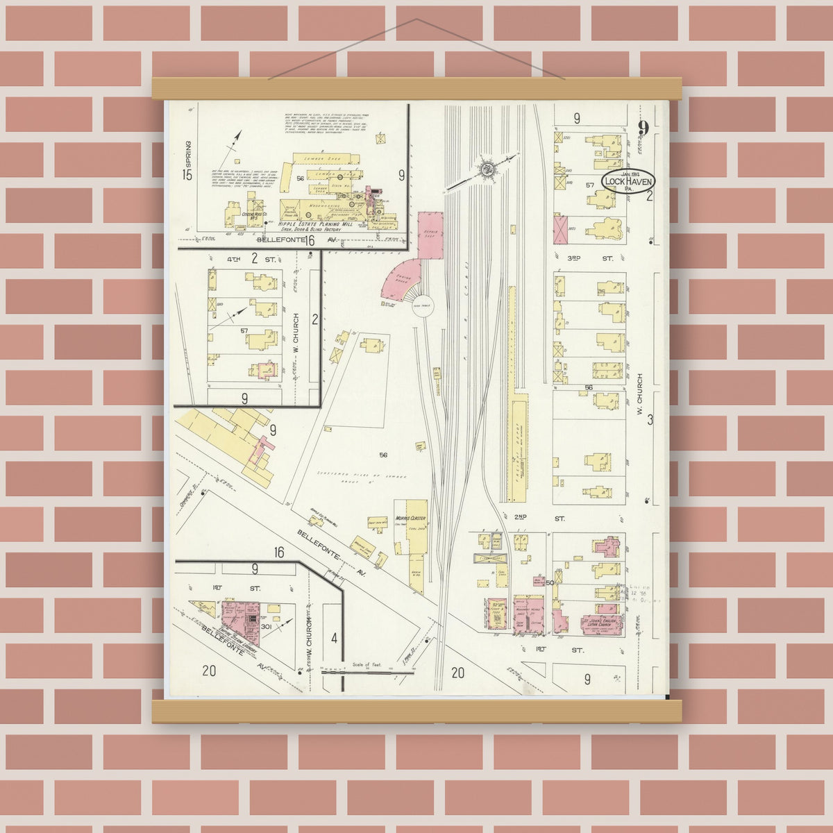 Old map wall art mockup — magnetic wood frame on brick wall — Sanborn Fire Insurance Map from Lock Haven, Clinton County, Pennsylvania (1914), Sheet #0009