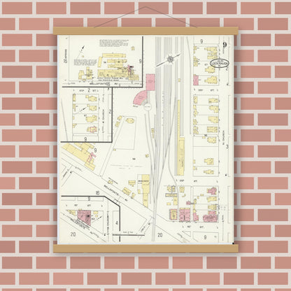Old map wall art mockup — magnetic wood frame on brick wall — Sanborn Fire Insurance Map from Lock Haven, Clinton County, Pennsylvania (1914), Sheet #0009