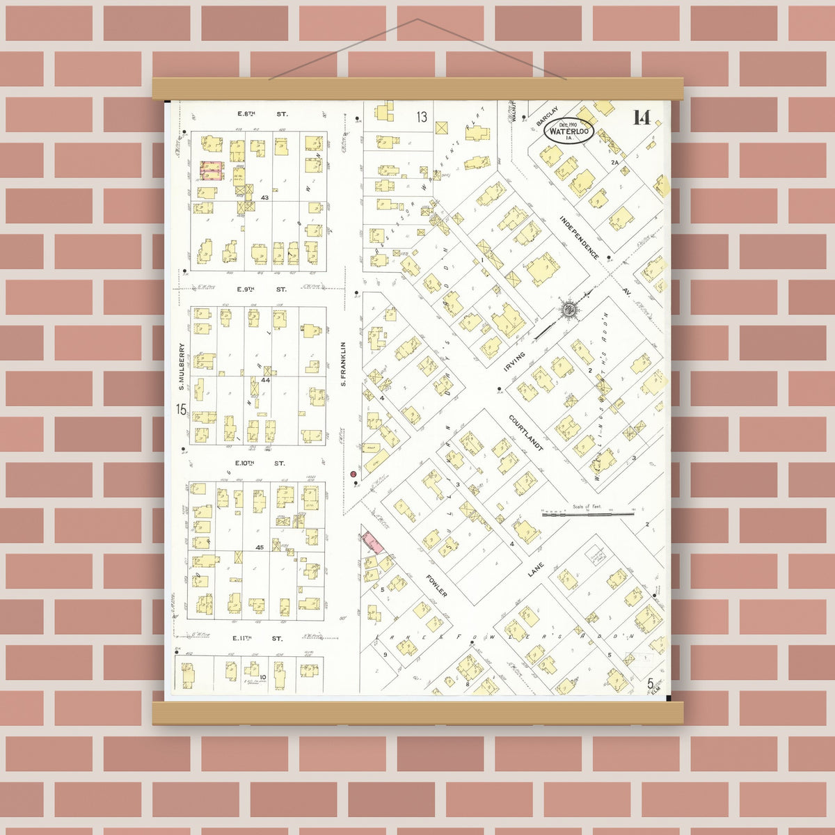 Old map wall art mockup — magnetic wood frame on brick wall — Sanborn Fire Insurance Map from Waterloo, Black Hawk County, Iowa (1910), Sheet #0014