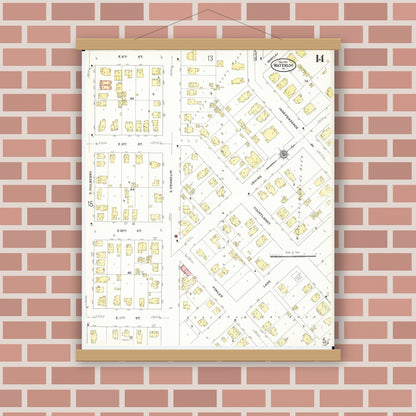 Old map wall art mockup — magnetic wood frame on brick wall — Sanborn Fire Insurance Map from Waterloo, Black Hawk County, Iowa (1910), Sheet #0014