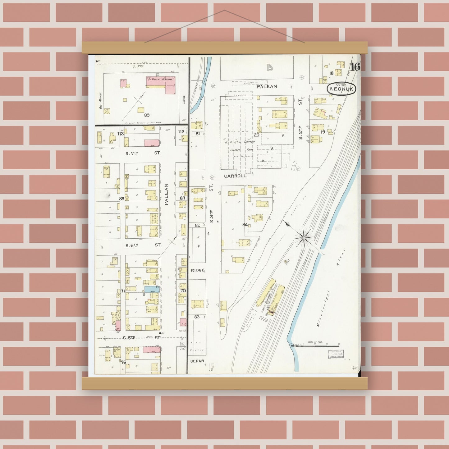 Old map wall art mockup — magnetic wood frame on brick wall — Sanborn Fire Insurance Map from Keokuk, Lee County, Iowa (1893), Sheet #0016