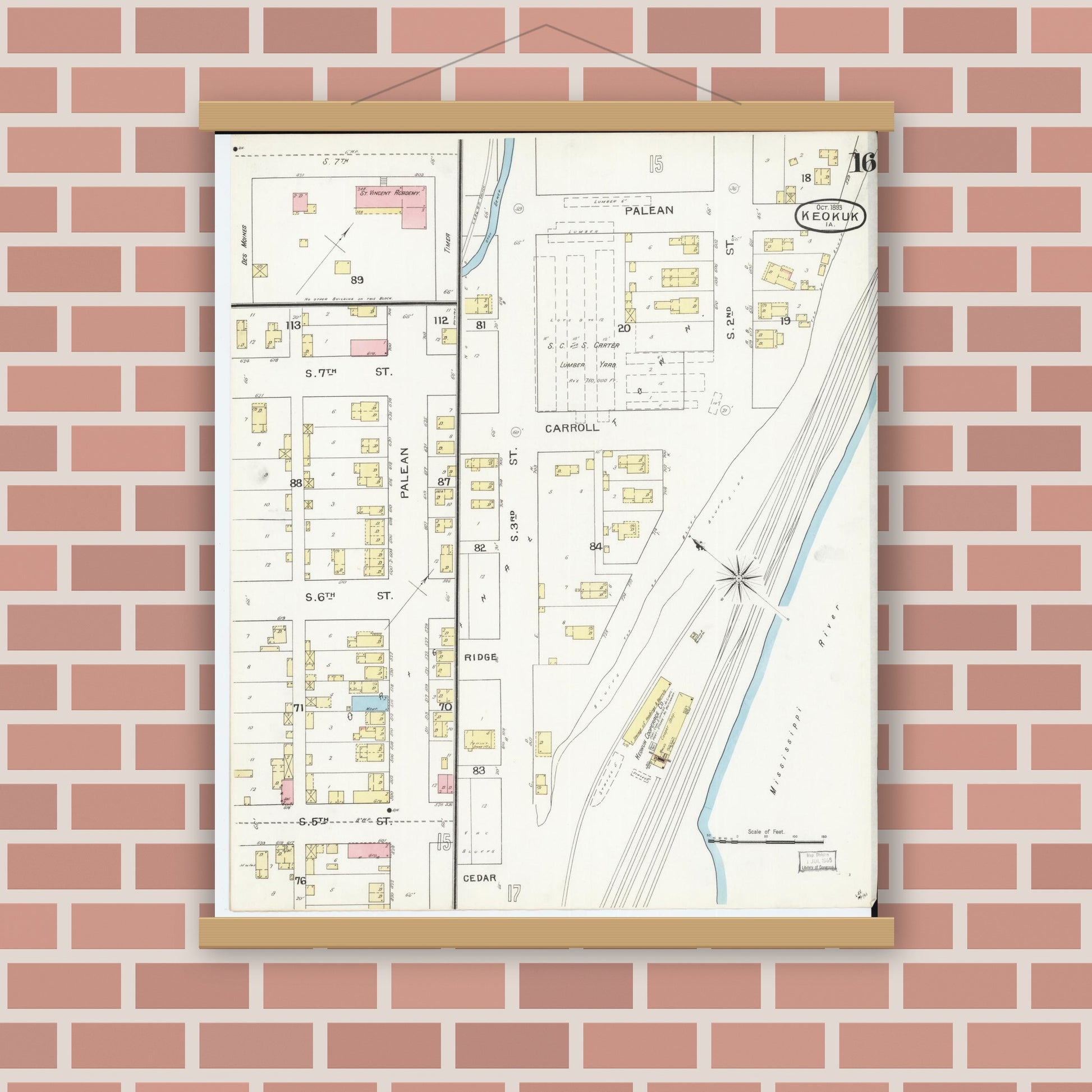 Old map wall art mockup — magnetic wood frame on brick wall — Sanborn Fire Insurance Map from Keokuk, Lee County, Iowa (1893), Sheet #0016