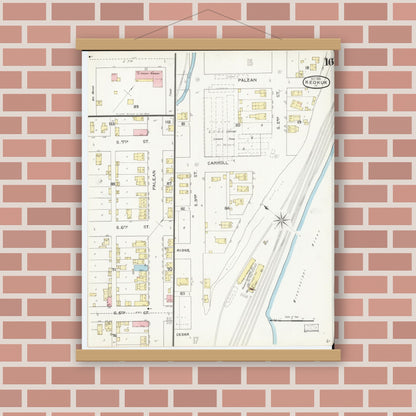 Old map wall art mockup — magnetic wood frame on brick wall — Sanborn Fire Insurance Map from Keokuk, Lee County, Iowa (1893), Sheet #0016