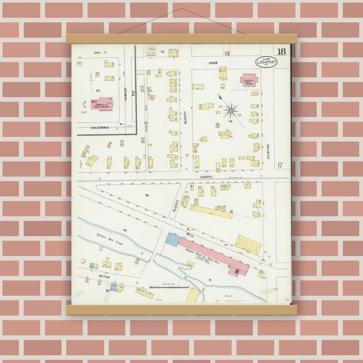 Old map wall art mockup — magnetic wood frame on brick wall — Sanborn Fire Insurance Map from Lockport, Niagara County, New York (1898), Sheet #0018