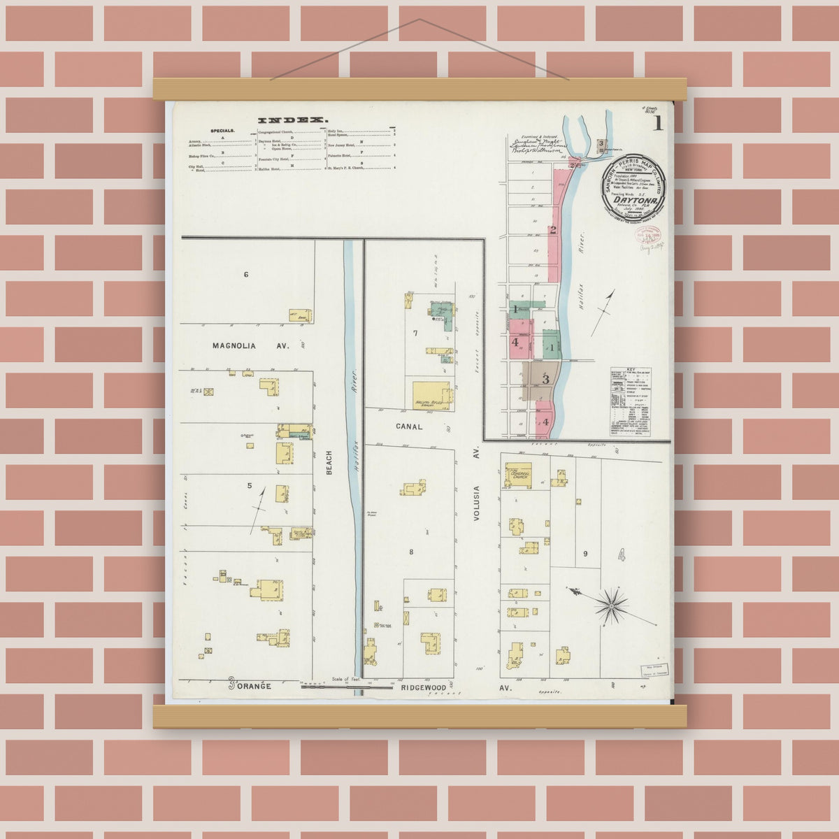 Old map wall art mockup — magnetic wood frame on brick wall — Sanborn Fire Insurance Map from Daytona, Volusia County, Florida (1895) - Complete Map Set