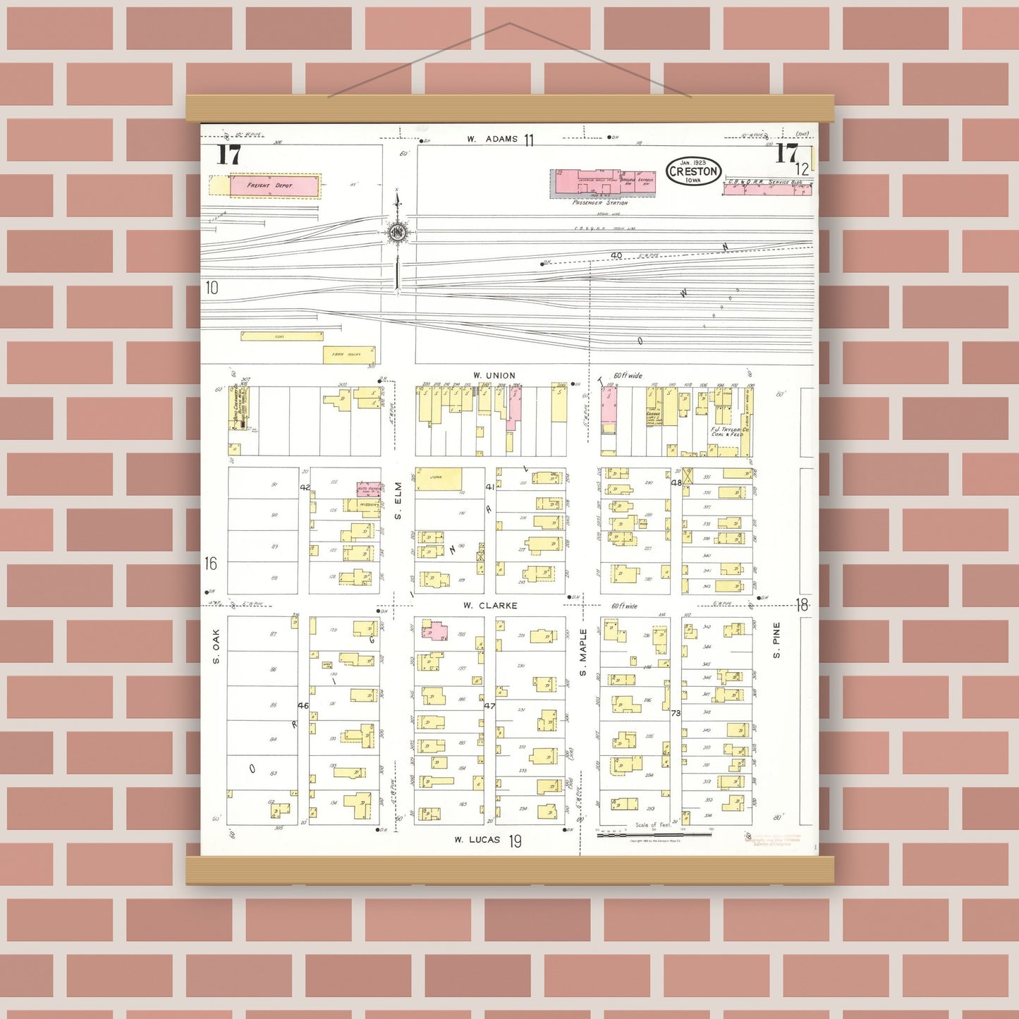 Old map wall art mockup — magnetic wood frame on brick wall — Sanborn Fire Insurance Map from Creston, Union County, Iowa (1923), Sheet #0017