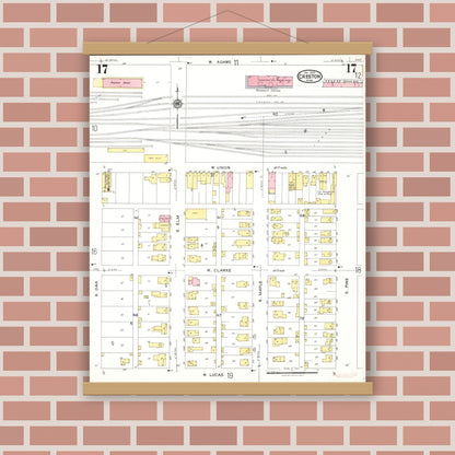 Old map wall art mockup — magnetic wood frame on brick wall — Sanborn Fire Insurance Map from Creston, Union County, Iowa (1923), Sheet #0017