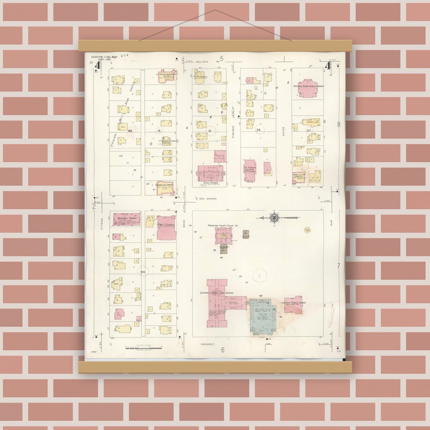 Old map wall art mockup — magnetic wood frame on brick wall — Sanborn Fire Insurance Map from Webster City, Hamilton County, Iowa (1950), Sheet #0004