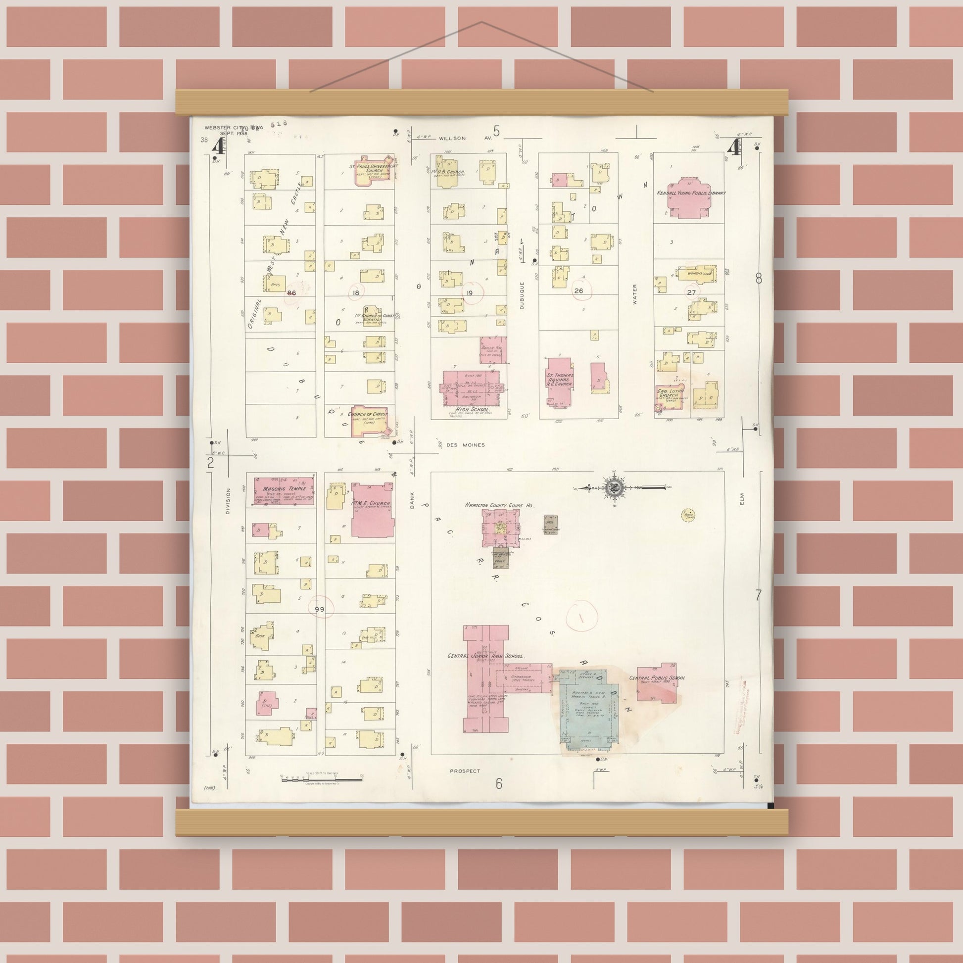 Old map wall art mockup — magnetic wood frame on brick wall — Sanborn Fire Insurance Map from Webster City, Hamilton County, Iowa (1950), Sheet #0004