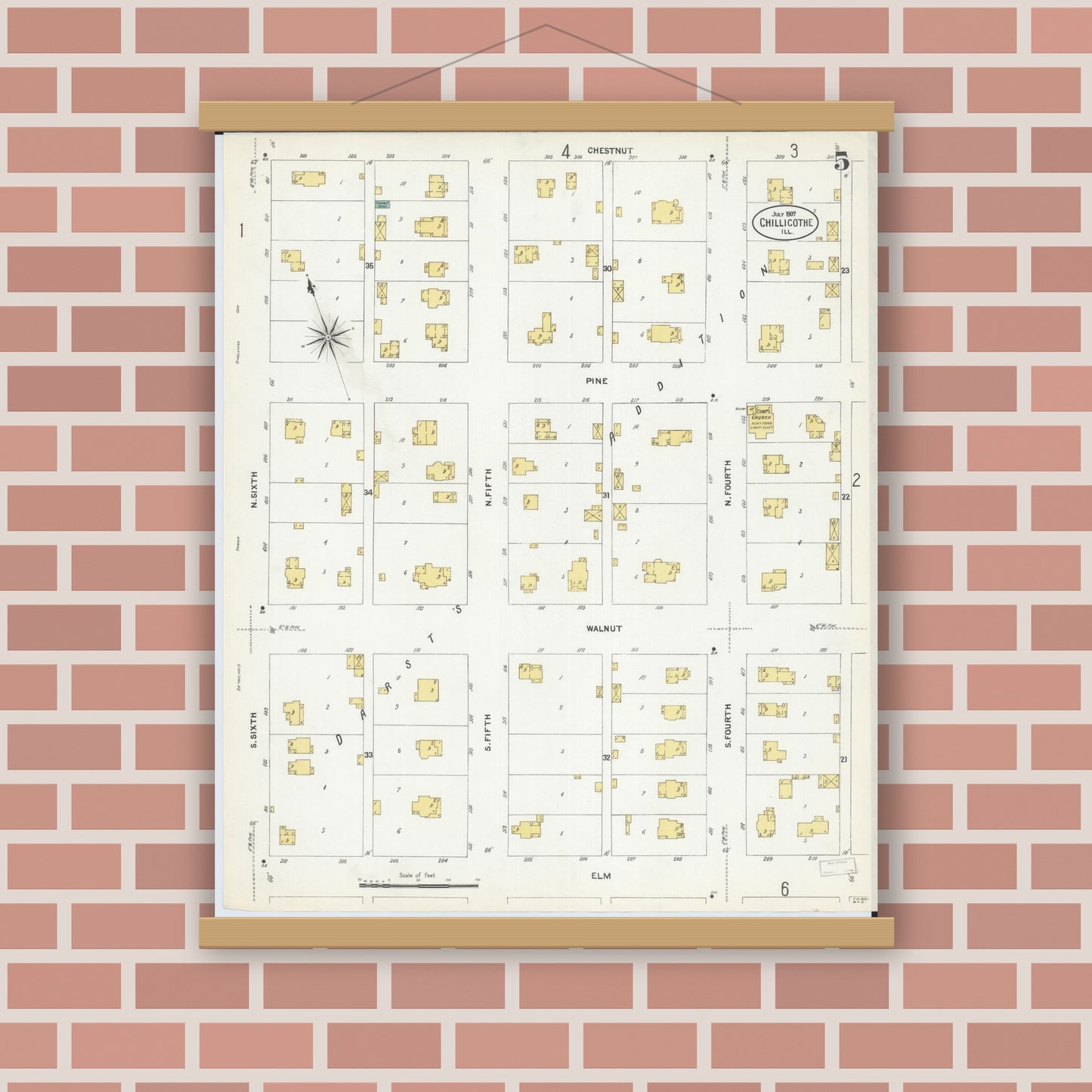Old map wall art mockup — magnetic wood frame on brick wall — Sanborn Fire Insurance Map from Chillicothe, Peoria County, Illinois (1907), Sheet #0005