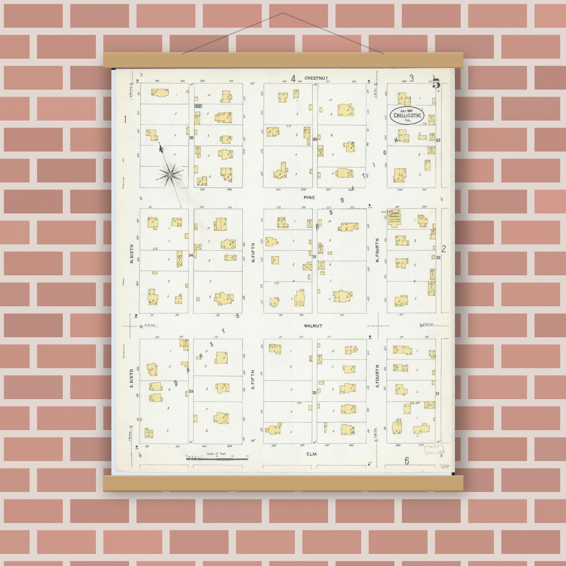 Old map wall art mockup — magnetic wood frame on brick wall — Sanborn Fire Insurance Map from Chillicothe, Peoria County, Illinois (1907), Sheet #0005