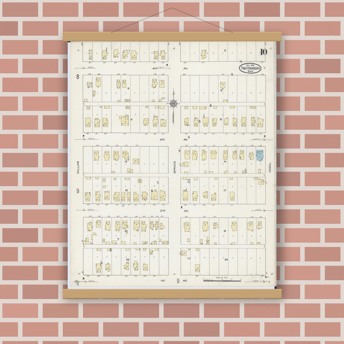 Old map wall art mockup — magnetic wood frame on brick wall — Sanborn Fire Insurance Map from Two Harbors, Lake County, Minnesota (1914), Sheet #0010