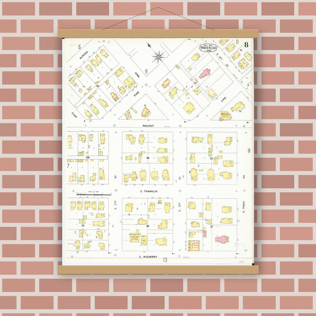 Old map wall art mockup — magnetic wood frame on brick wall — Sanborn Fire Insurance Map from Waterloo, Black Hawk County, Iowa (1900), Sheet #0008