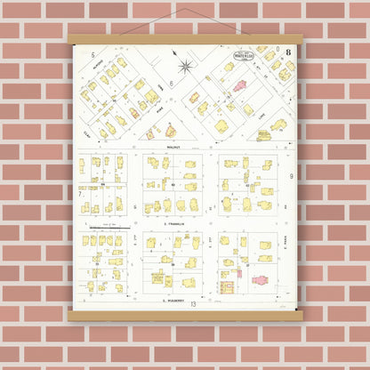 Old map wall art mockup — magnetic wood frame on brick wall — Sanborn Fire Insurance Map from Waterloo, Black Hawk County, Iowa (1900), Sheet #0008