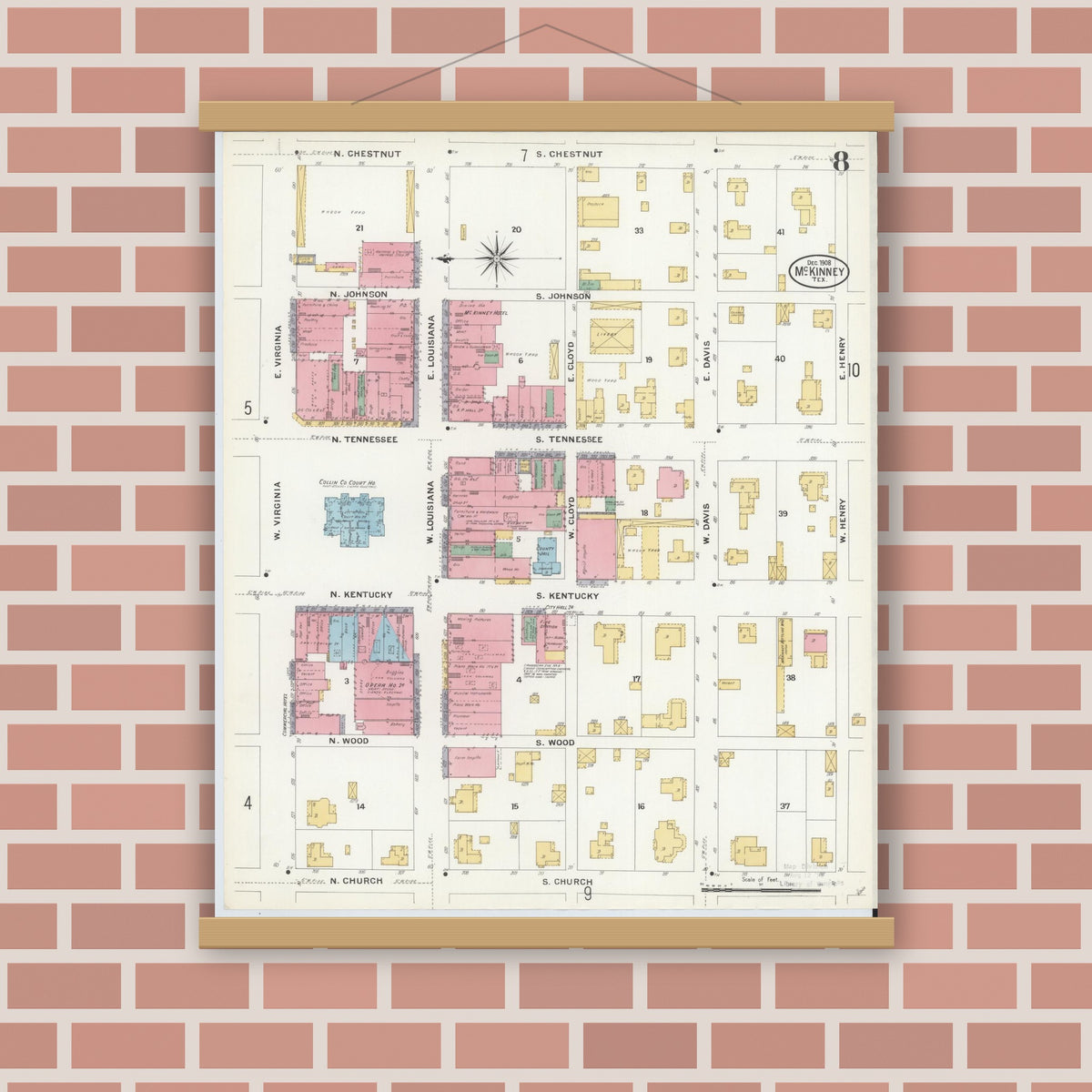 Old map wall art mockup — magnetic wood frame on brick wall — Sanborn Fire Insurance Map from McKinney, Collin County, Texas (1908), Sheet #0008