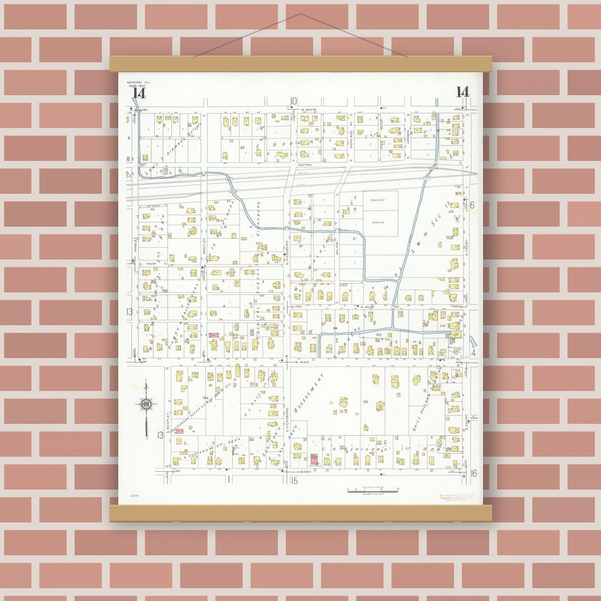 Old map wall art mockup — magnetic wood frame on brick wall — Sanborn Fire Insurance Map from Marion, Williamson County, Illinois (1937), Sheet #0014