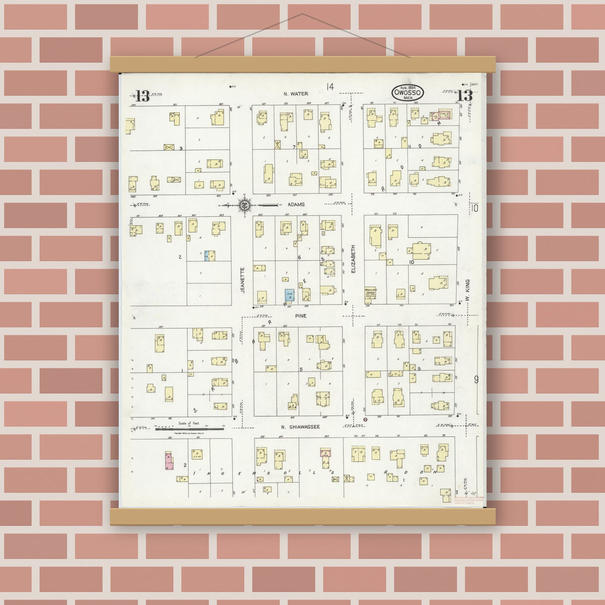 Old map wall art mockup — magnetic wood frame on brick wall — Sanborn Fire Insurance Map from Owosso, Shiawassee County, Michigan (1924), Sheet #0013
