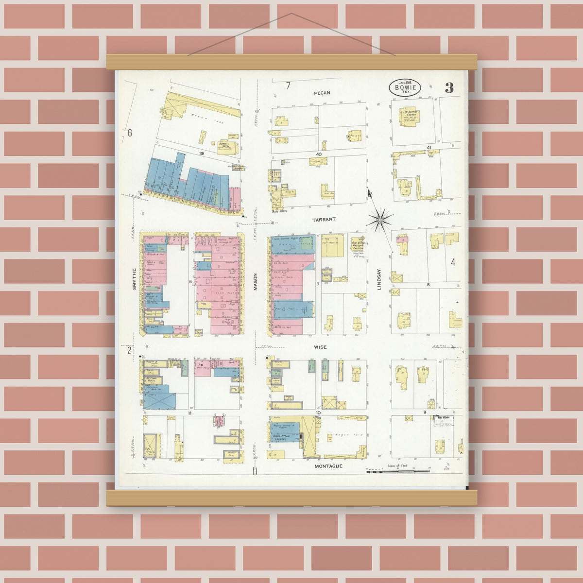 Old map wall art mockup — magnetic wood frame on brick wall — Sanborn Fire Insurance Map from Bowie, Montague County, Texas (1908), Sheet #0003