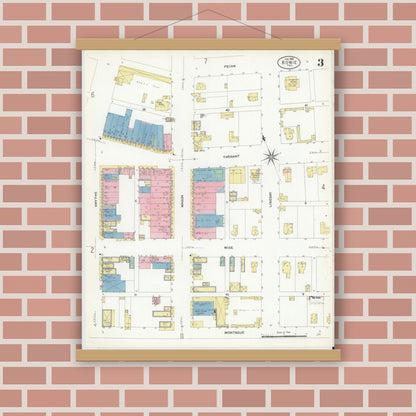 Old map wall art mockup — magnetic wood frame on brick wall — Sanborn Fire Insurance Map from Bowie, Montague County, Texas (1908), Sheet #0003