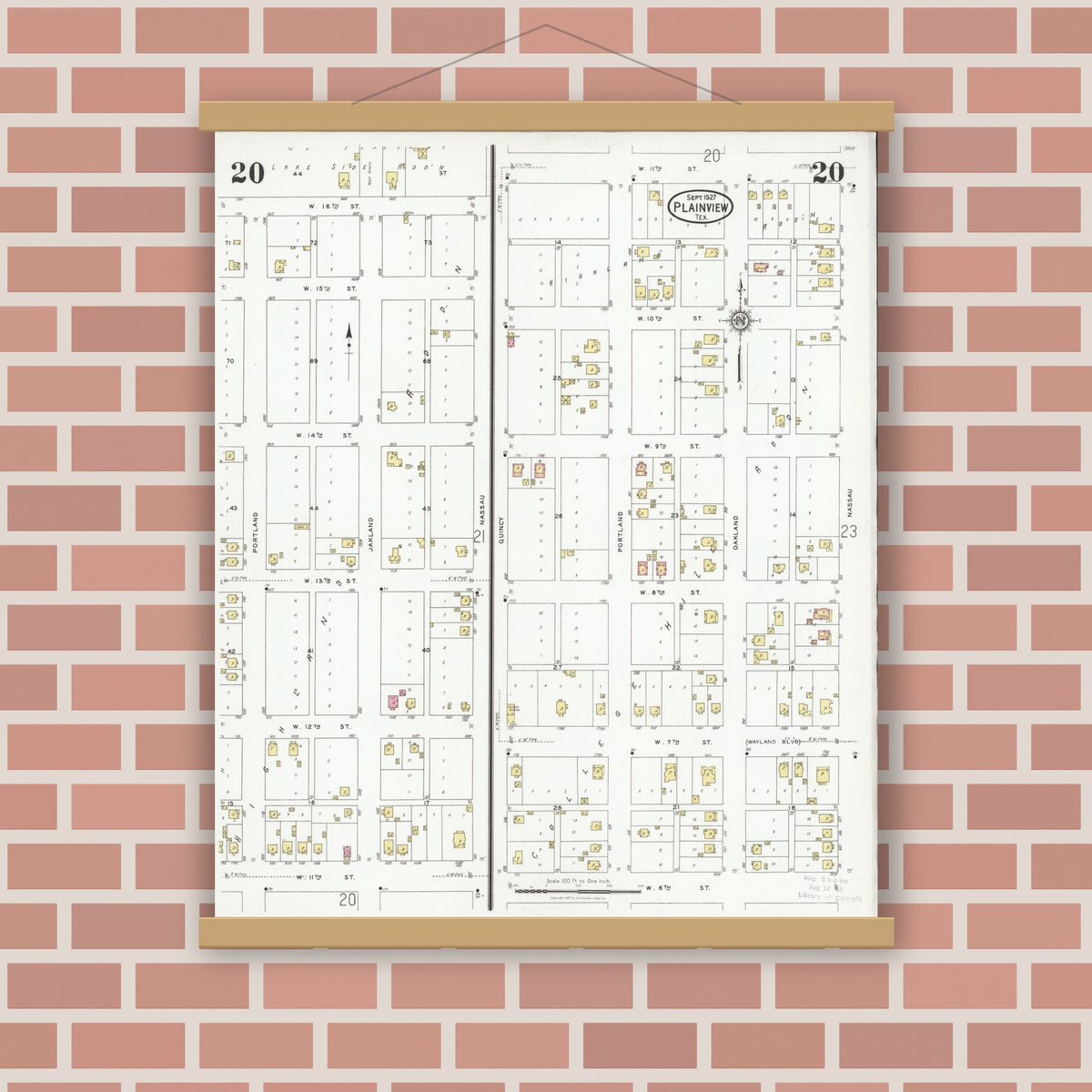 Old map wall art mockup — magnetic wood frame on brick wall — Sanborn Fire Insurance Map from Plainview, Hale County, Texas (1927), Sheet #0020