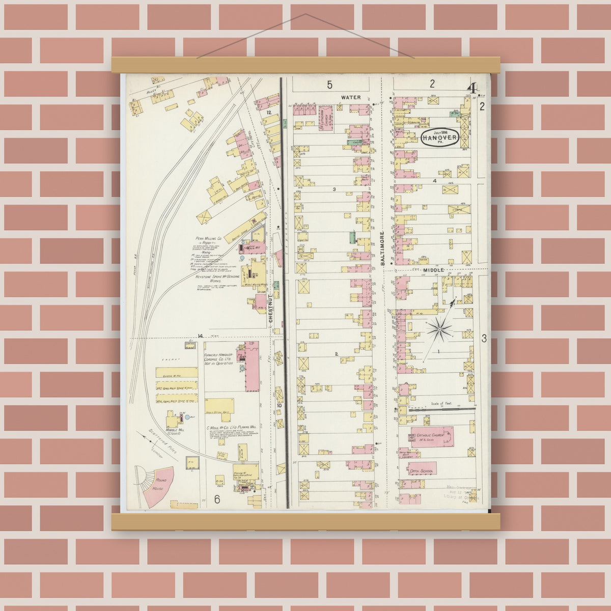 Old map wall art mockup — magnetic wood frame on brick wall — Sanborn Fire Insurance Map from Hanover, York County, Pennsylvania (1896), Sheet #0004
