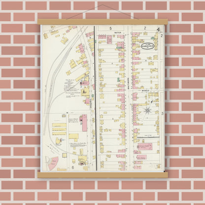 Old map wall art mockup — magnetic wood frame on brick wall — Sanborn Fire Insurance Map from Hanover, York County, Pennsylvania (1896), Sheet #0004