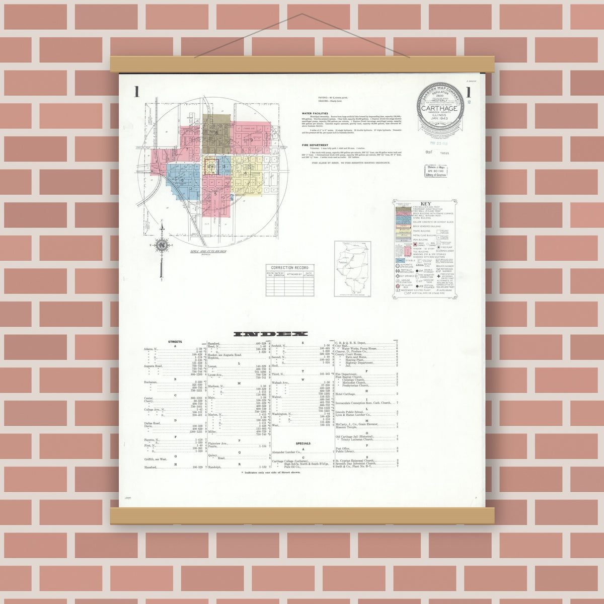 Old map wall art mockup — magnetic wood frame on brick wall — Sanborn Fire Insurance Map from Carthage, Hancock County, Illinois (1943), Sheet #0001