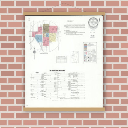 Old map wall art mockup — magnetic wood frame on brick wall — Sanborn Fire Insurance Map from Carthage, Hancock County, Illinois (1943), Sheet #0001