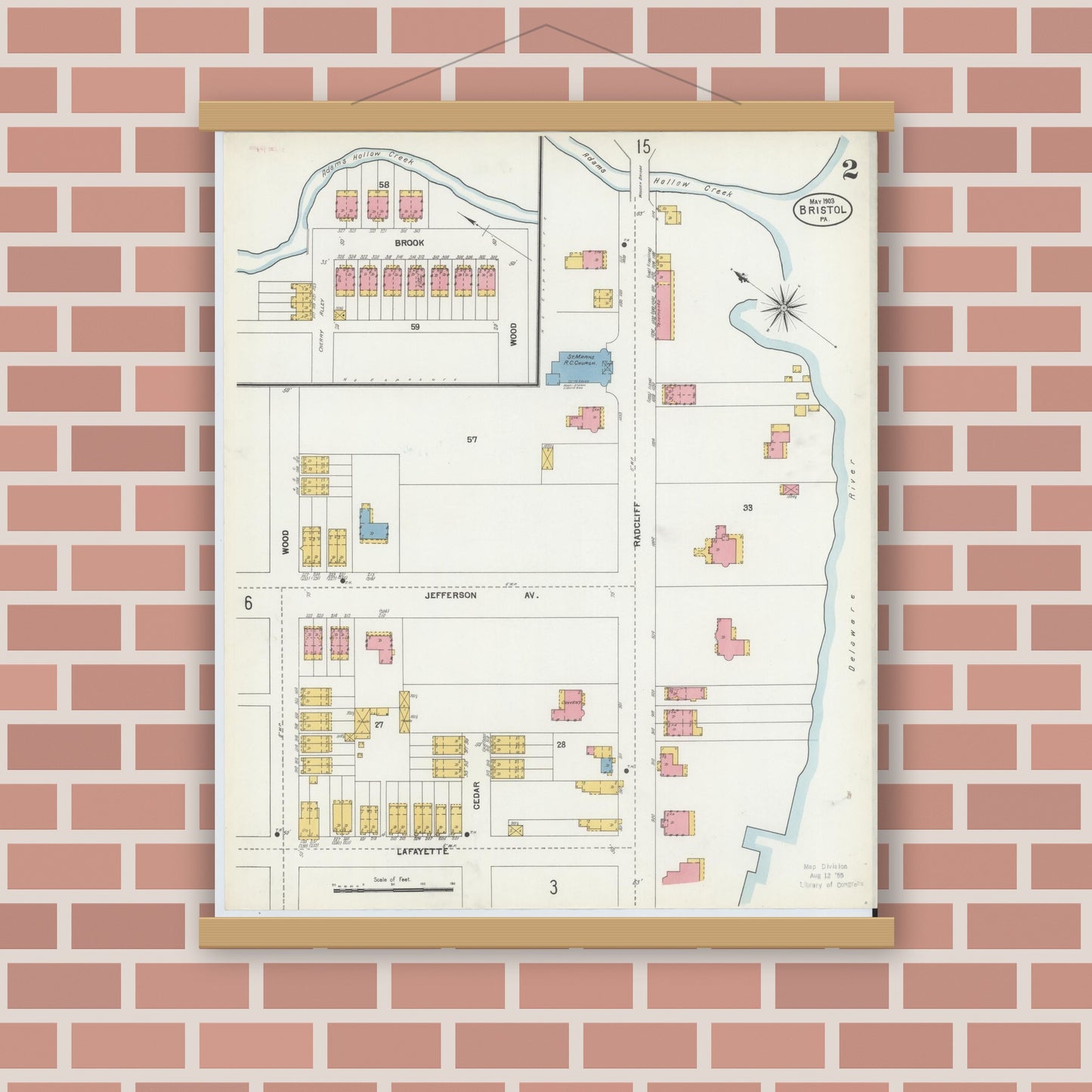 Old map wall art mockup — magnetic wood frame on brick wall — Sanborn Fire Insurance Map from Bristol, Bucks County, Pennsylvania (1903), Sheet #0002
