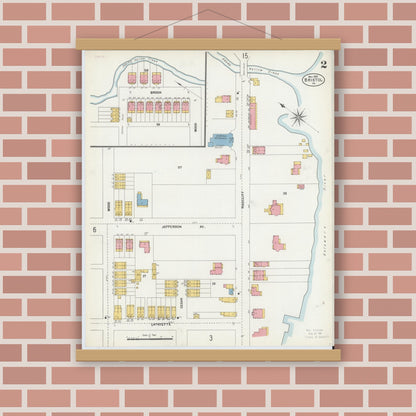 Old map wall art mockup — magnetic wood frame on brick wall — Sanborn Fire Insurance Map from Bristol, Bucks County, Pennsylvania (1903), Sheet #0002