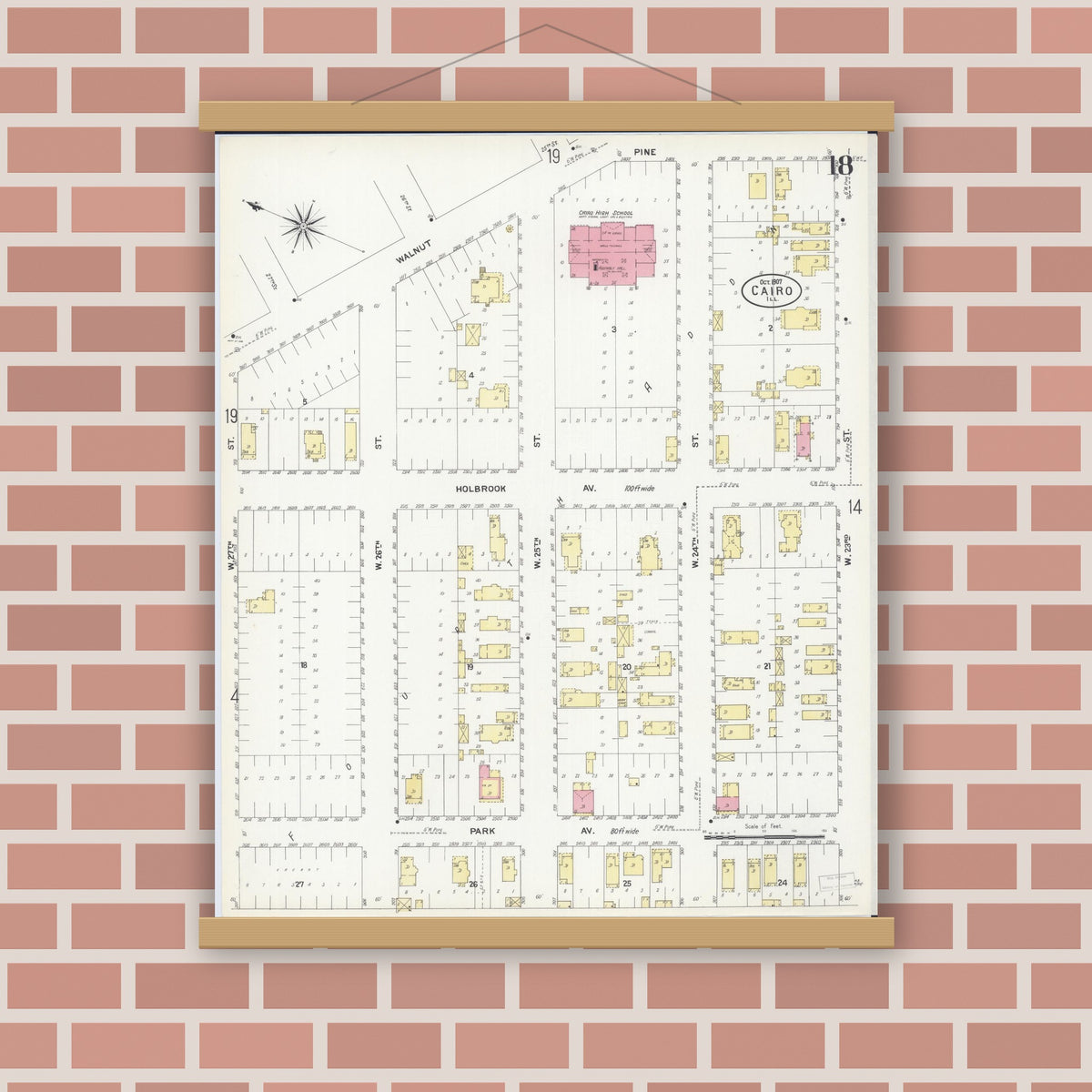 Old map wall art mockup — magnetic wood frame on brick wall — Sanborn Fire Insurance Map from Cairo, Alexander County, Illinois (1907), Sheet #0018