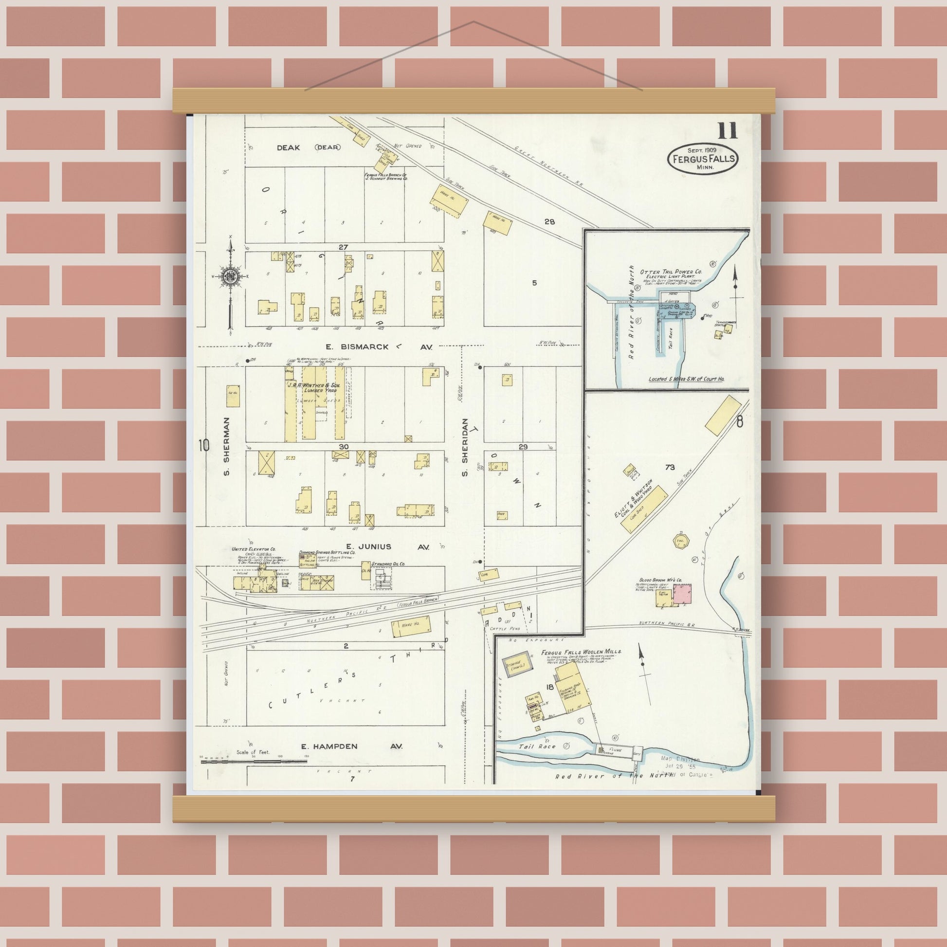 Old map wall art mockup — magnetic wood frame on brick wall — Sanborn Fire Insurance Map from Fergus Falls, Otter Tail County, Minnesota (1909), Sheet #0011