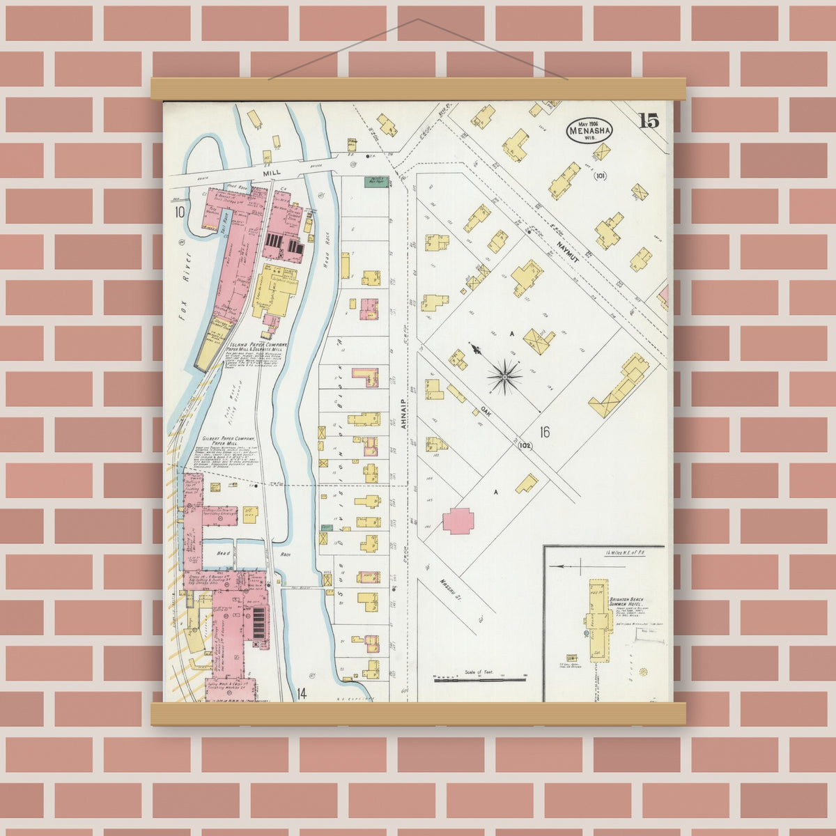 Old map wall art mockup — magnetic wood frame on brick wall — Sanborn Fire Insurance Map from Menasha, Winnebago County, Wisconsin (1906), Sheet #0015