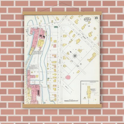 Old map wall art mockup — magnetic wood frame on brick wall — Sanborn Fire Insurance Map from Menasha, Winnebago County, Wisconsin (1906), Sheet #0015