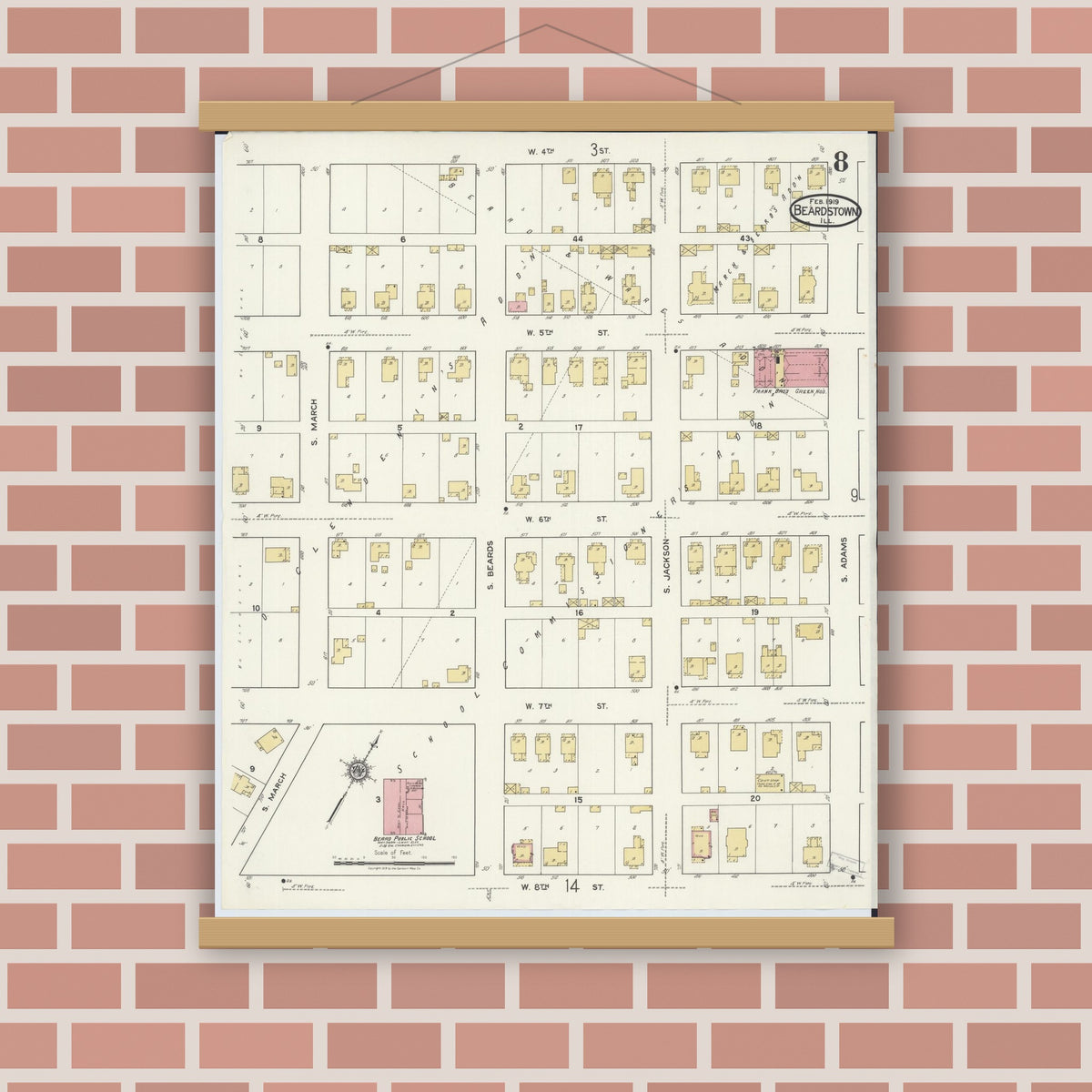 Old map wall art mockup — magnetic wood frame on brick wall — Sanborn Fire Insurance Map from Beardstown, Cass County, Illinois (1919), Sheet #0008