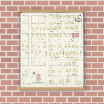 Old map wall art mockup — magnetic wood frame on brick wall — Sanborn Fire Insurance Map from Beardstown, Cass County, Illinois (1919), Sheet #0008