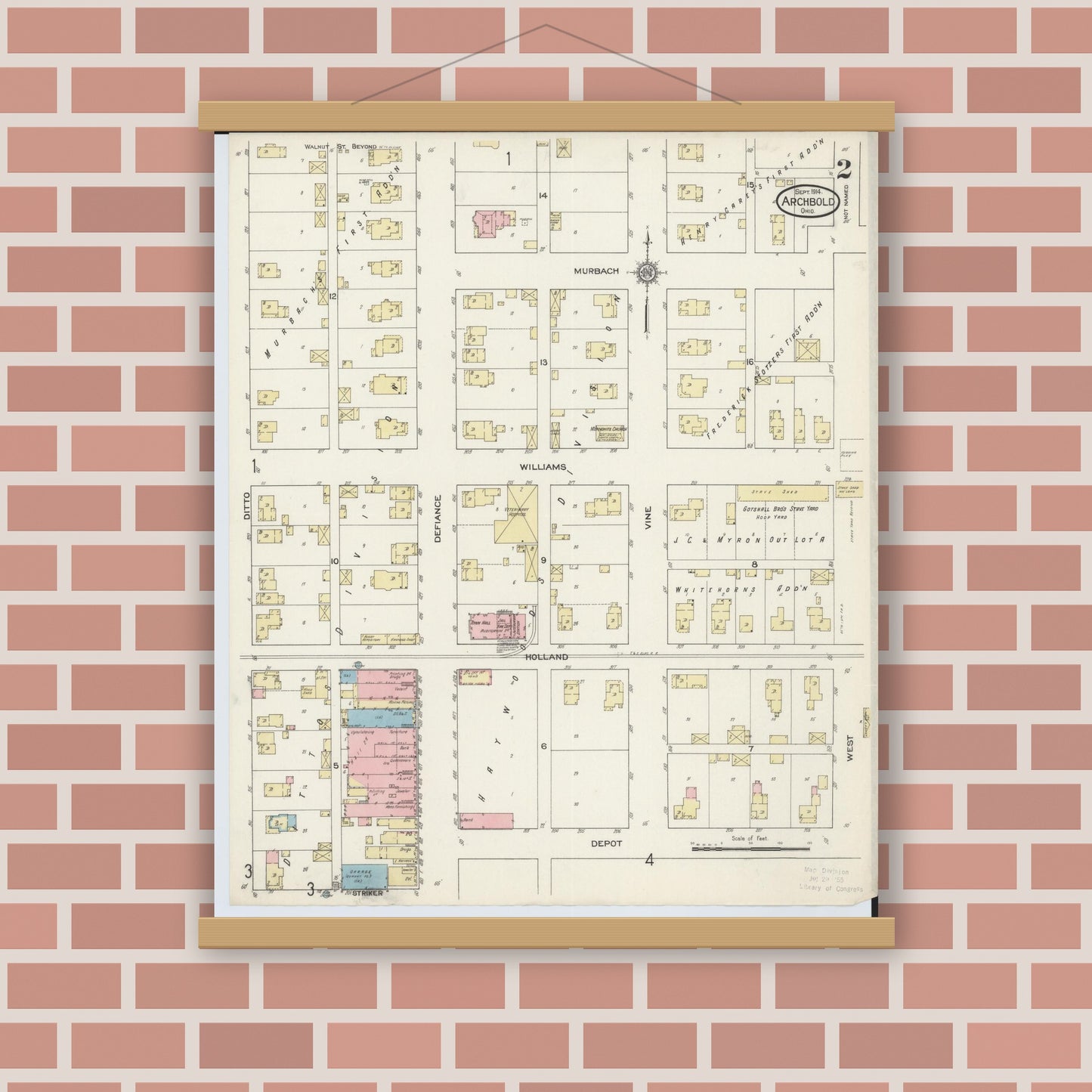 Old map wall art mockup — magnetic wood frame on brick wall — Sanborn Fire Insurance Map from Archbold, Fulton County, Ohio (1914), Sheet #0002