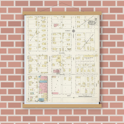 Old map wall art mockup — magnetic wood frame on brick wall — Sanborn Fire Insurance Map from Archbold, Fulton County, Ohio (1914), Sheet #0002