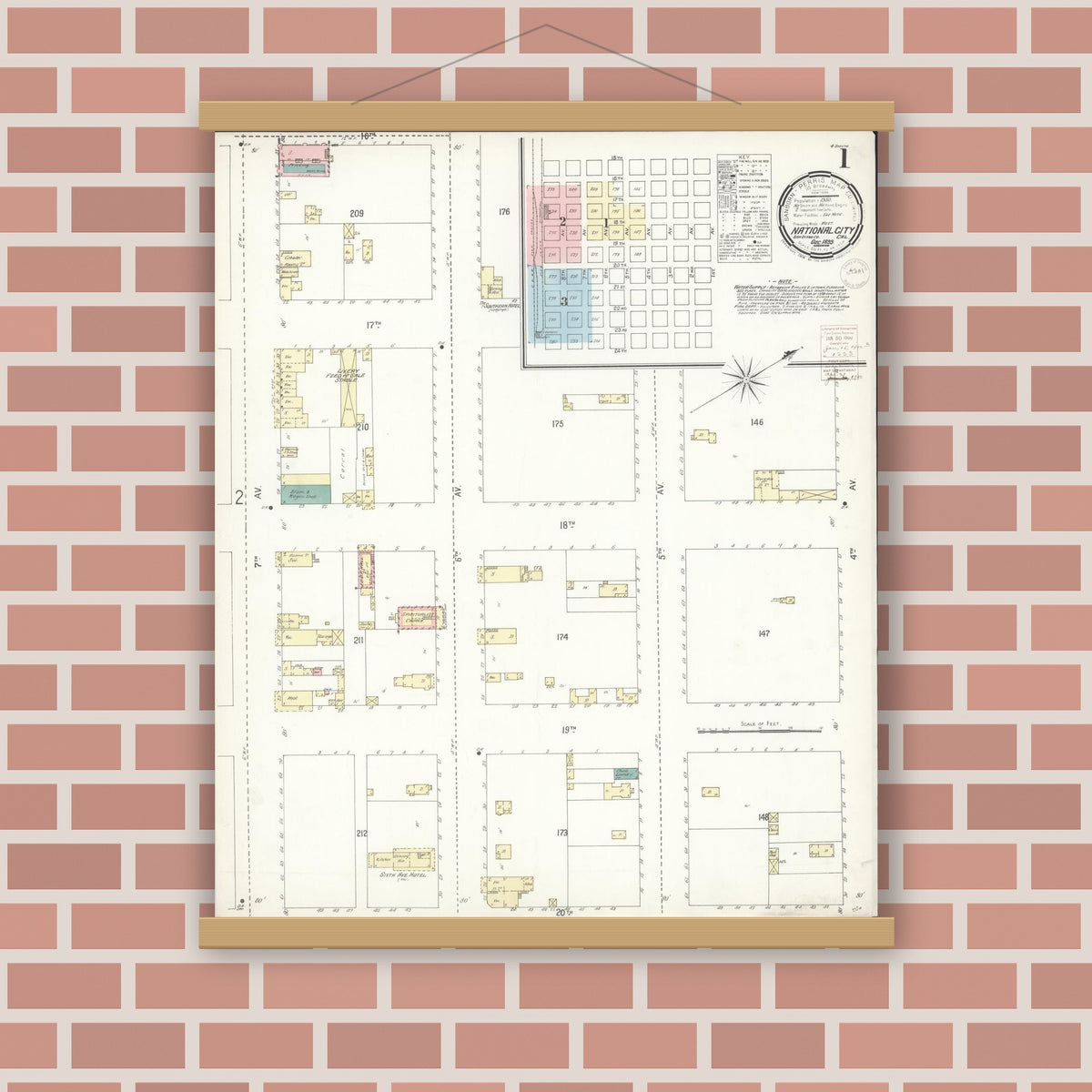 Old map wall art mockup — magnetic wood frame on brick wall — Sanborn Fire Insurance Map from National City, San Diego County, California (1899) - Complete Map Set