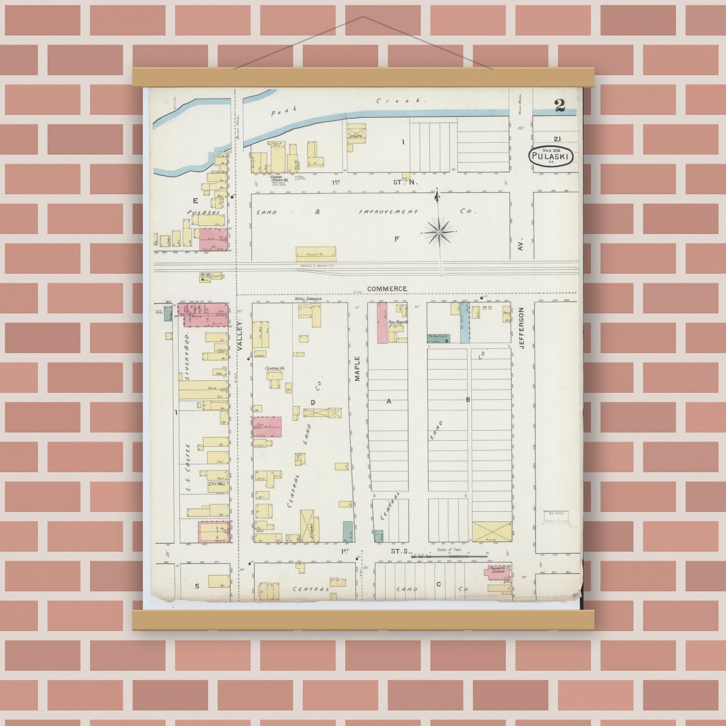 Old map wall art mockup — magnetic wood frame on brick wall — Sanborn Fire Insurance Map from Pulaski, Pulaski County, Virginia (1894), Sheet #0002