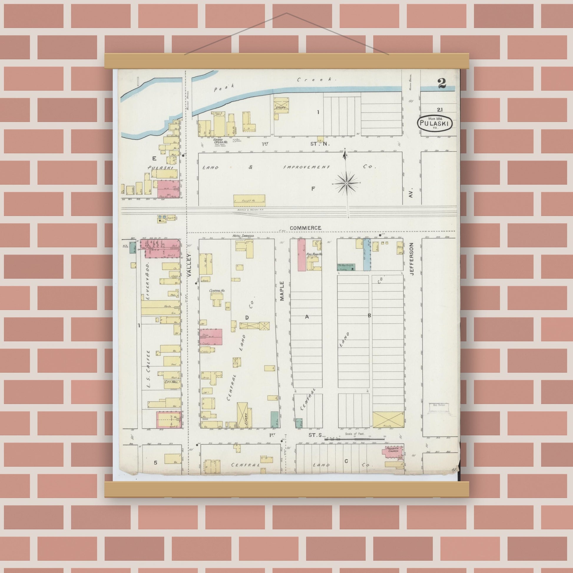 Old map wall art mockup — magnetic wood frame on brick wall — Sanborn Fire Insurance Map from Pulaski, Pulaski County, Virginia (1894), Sheet #0002