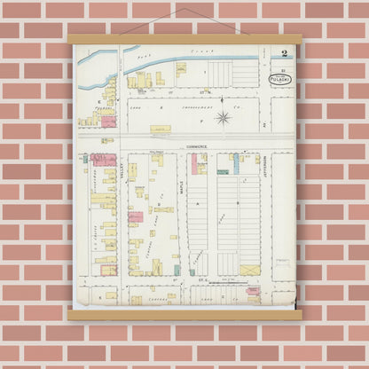Old map wall art mockup — magnetic wood frame on brick wall — Sanborn Fire Insurance Map from Pulaski, Pulaski County, Virginia (1894), Sheet #0002