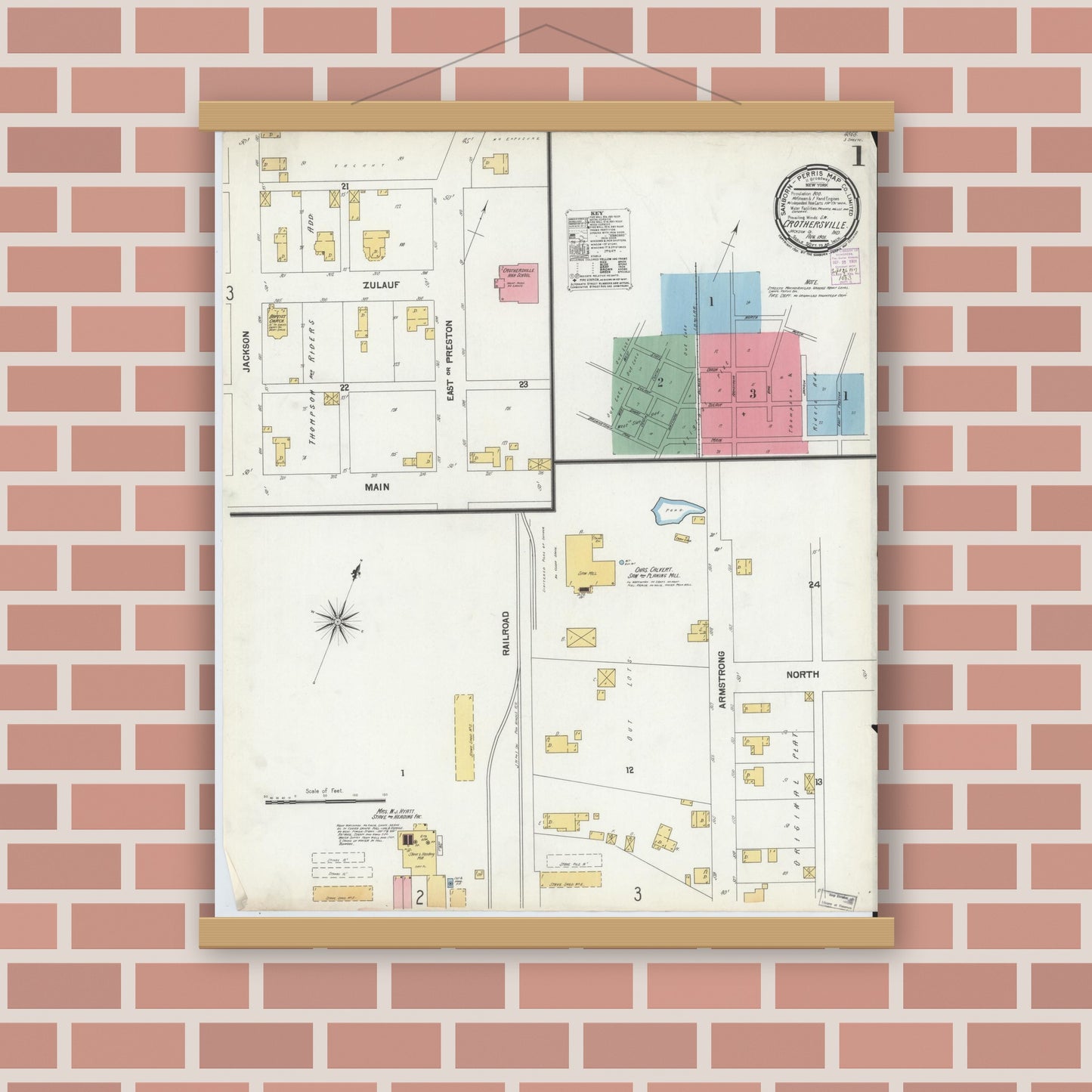Old map wall art mockup — magnetic wood frame on brick wall — Sanborn Fire Insurance Map from Crothersville, Jackson County, Indiana (1901) - Complete Map Set