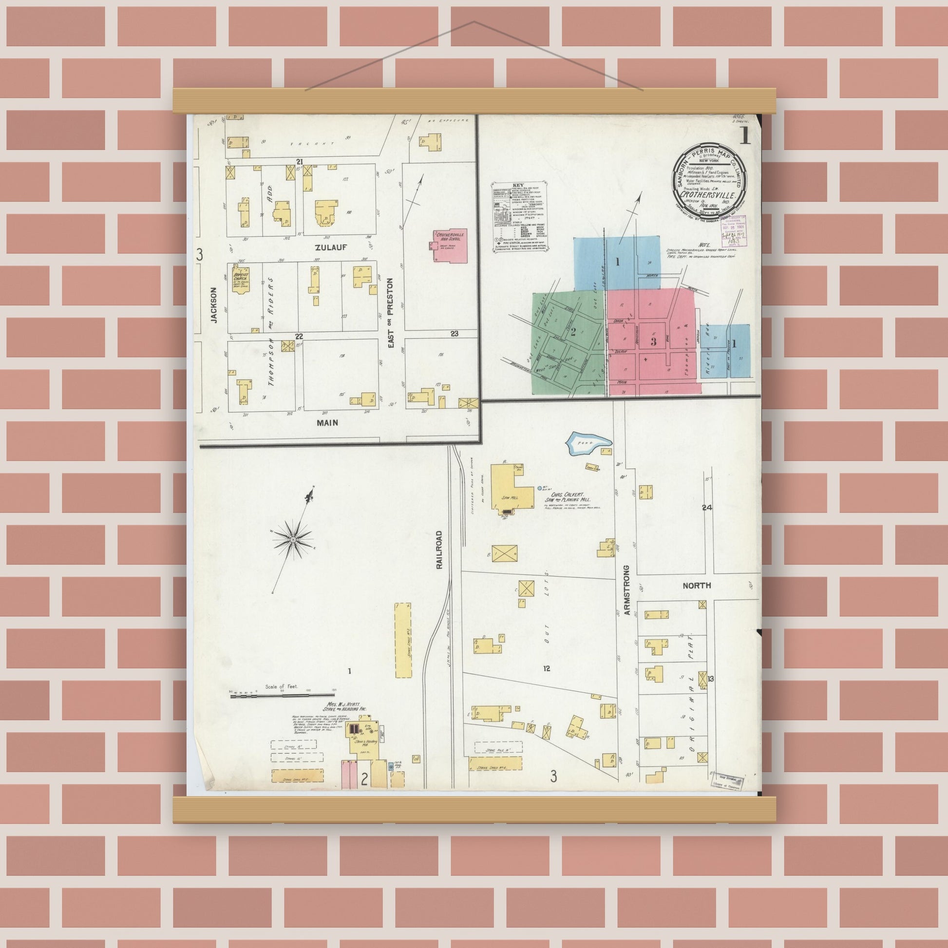 Old map wall art mockup — magnetic wood frame on brick wall — Sanborn Fire Insurance Map from Crothersville, Jackson County, Indiana (1901) - Complete Map Set