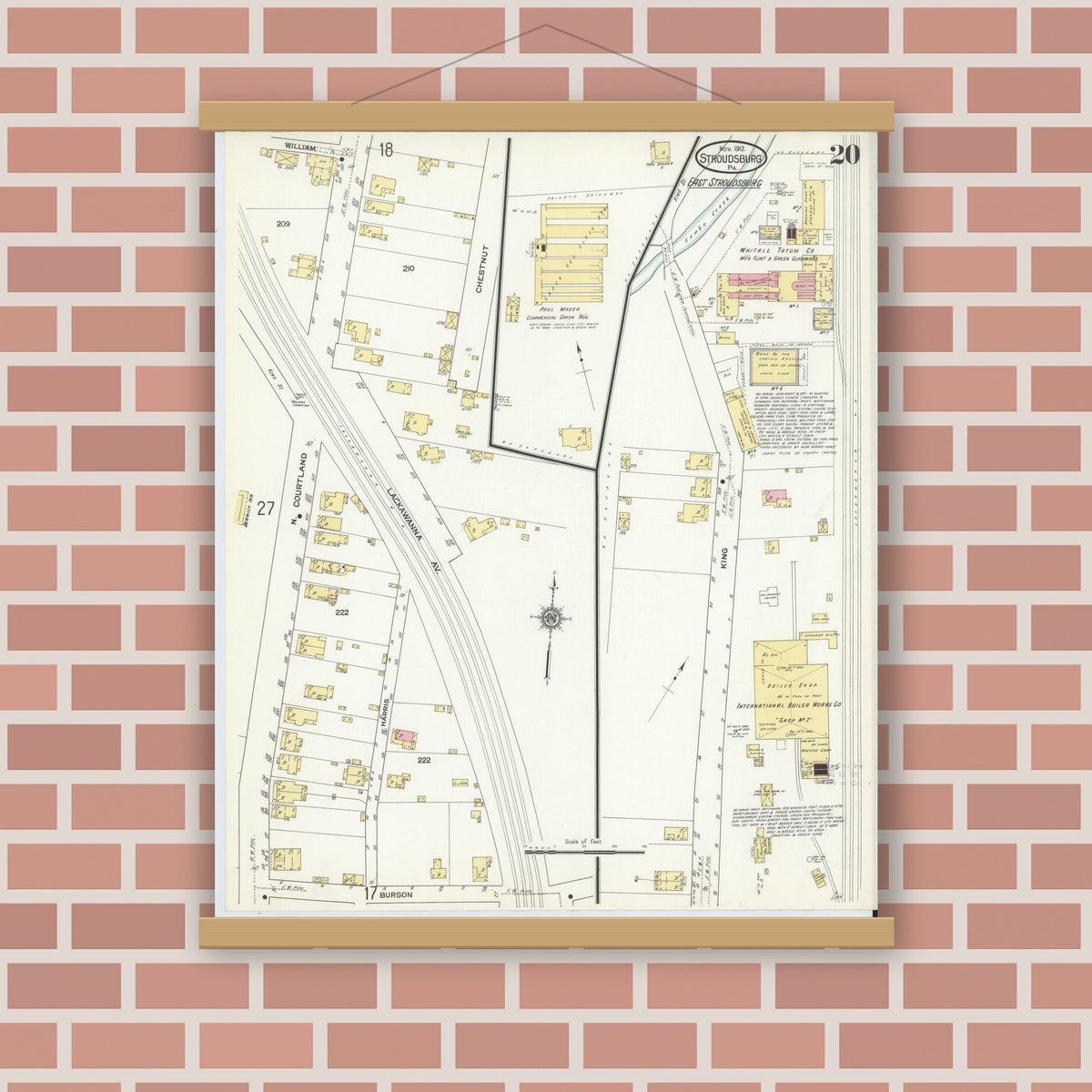 Old map wall art mockup — magnetic wood frame on brick wall — Sanborn Fire Insurance Map from Stroudsburg, Monroe County, Pennsylvania (1912), Sheet #0020